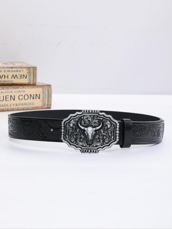 Vintage Western Style Cowboy Belt, Fashion Cow Head Design PU Buckle Belt for Women & Men, Casual Waistband for Jeans Trousers