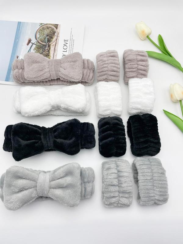 Cute Bow Decor Hair Band & Soft Plush Waist Band for Girls Hairstyles, Water Absorbent Skin Care Set for Women & Girls, Fashion Summer 2024 Hair Accessories for Daily Shower Wear Wash Face Makeup