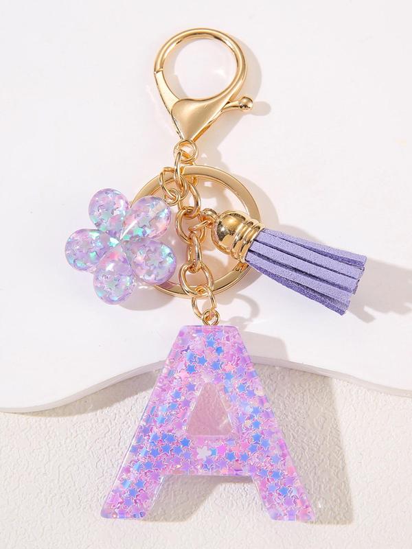 Cute Letter & Flower Design Keychain, Fashionable Tassel Decor Keychain for Women & Girls, Trendy All-match Keychain for Birthday Gift