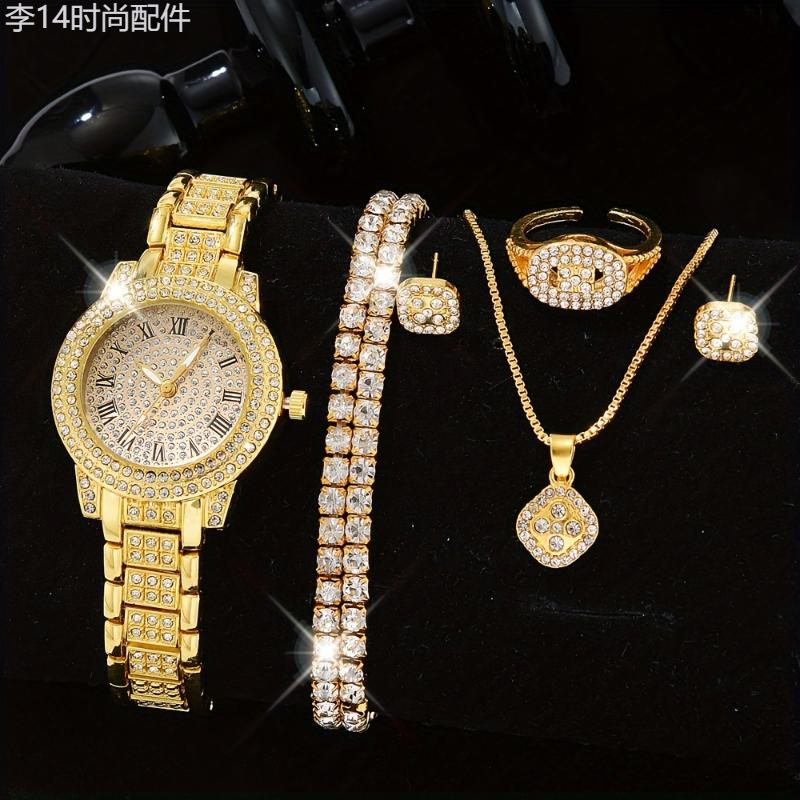 7pcs set Glamorous Luxury Rhinestone Womens Quartz Watch & Jewelry Set - Hiphop Stylish Analog Wristwatch with Sparkling Crystals, Perfect Gift for Mom and Her Special Occasions