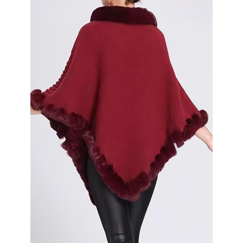 Solid Waffle Grid Fuzzy Trim Poncho, Elegant Thermal Hanky Hem Crew Neck Cape For Fall & Winter, Women's Clothing