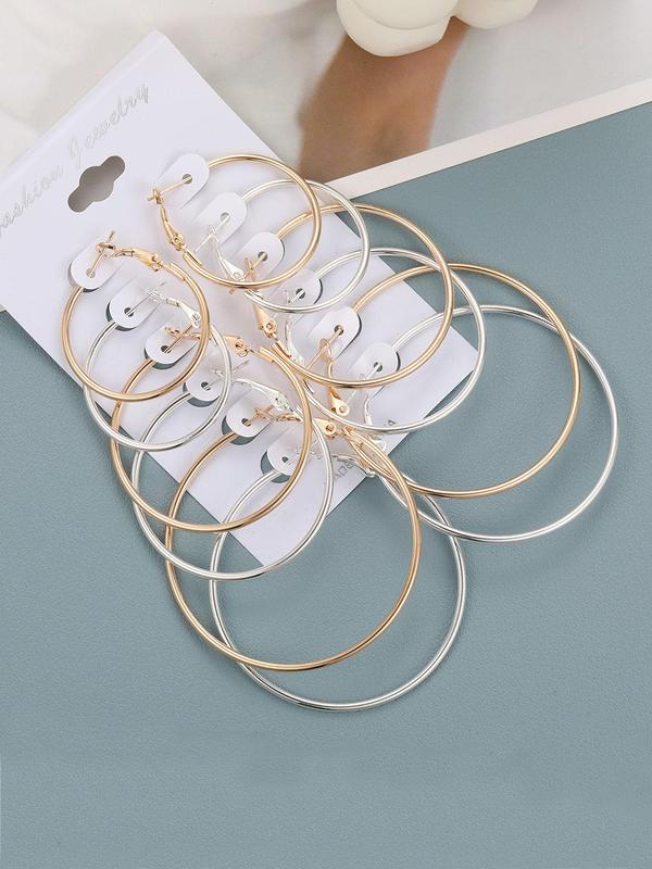 6 Pairs Mixed Size Simple Plain Round Design Hoop Earrings, Elegant All-match Jewelry for Girls Gift, Casual Versatile Party Accessories for Women