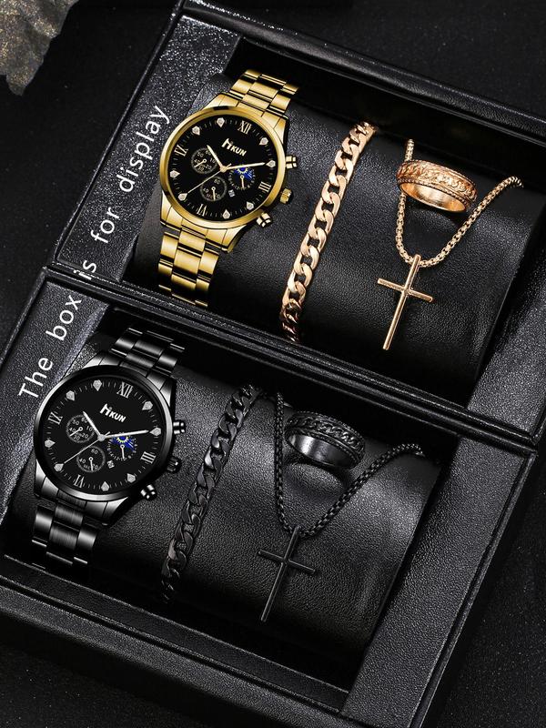 2024 New Style Men's Watch Set, Fashion Watch & Bracelet & Necklace & Ring Set for Party, Daily Clothing Decor, Trendy All-match & Exquisite Watch Set for Birthday Gift