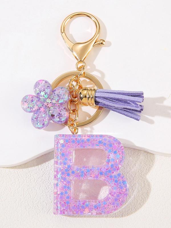 Cute Letter & Flower Design Keychain, Fashionable Tassel Decor Keychain for Women & Girls, Trendy All-match Keychain for Birthday Gift