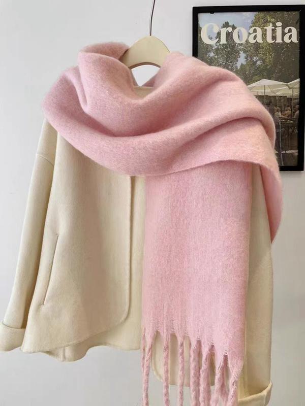 Solid Color Tassel Decor Scarf, Elegant Thickened Shawl for Women & Men, Fashion Accessories for Fall & Winter