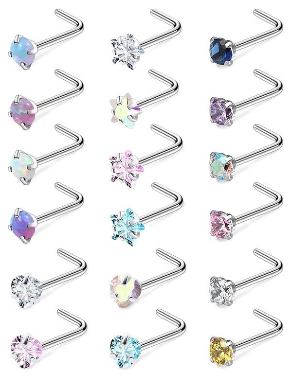 Rhinestone Decorated Nose Studs, 18pcs Heart & Star & Round Shaped Nose Studs, Body Piercing Jewelry for Women & Men