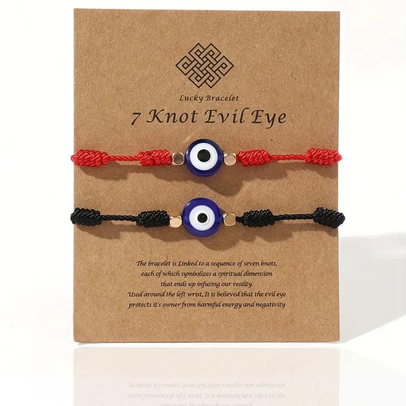 7 Knot Evil Eye Bracelets: 2pcs Hand-Knit evil eye bracelets for protection, evil eye charm, evil eye jewelry protection bracelet