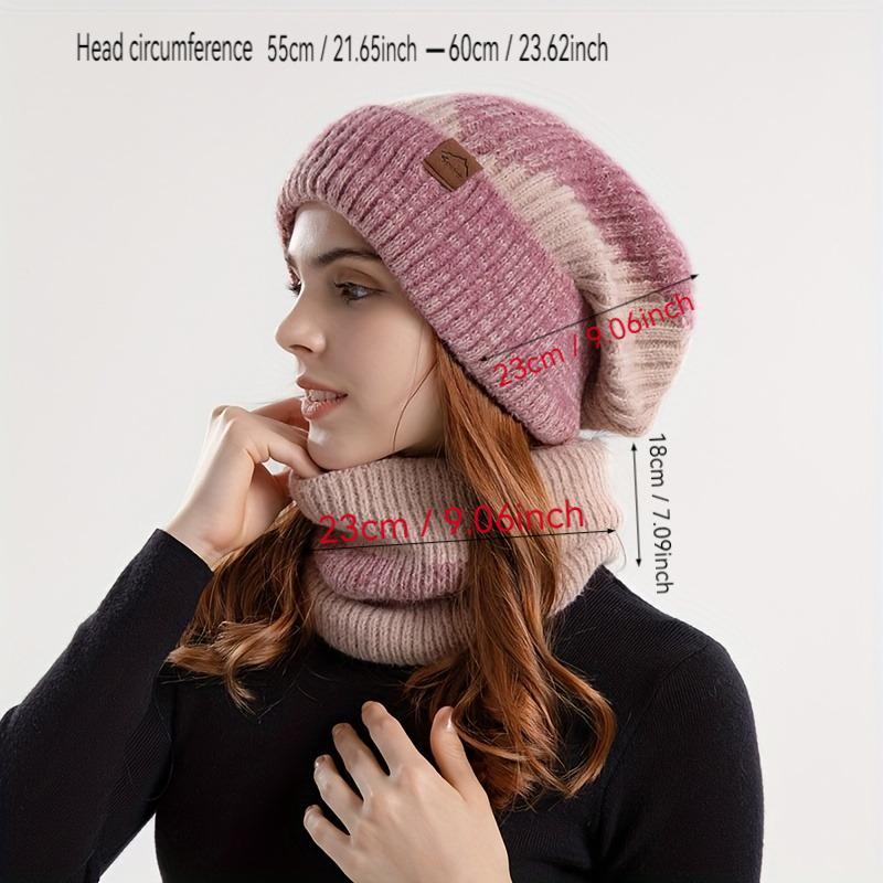 Solid Color Thickened Warm Hat & Scarf Set, 2 Counts set Knitted Hat & Scarf, Outdoor Sports Hat & Scarf for Women & Girls