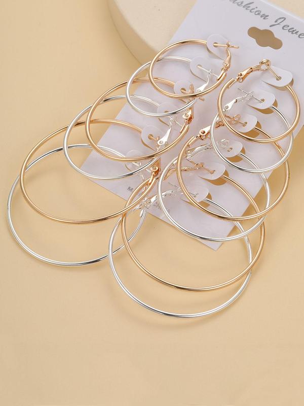 6 Pairs Mixed Size Simple Plain Round Design Hoop Earrings, Elegant All-match Jewelry for Girls Gift, Casual Versatile Party Accessories for Women