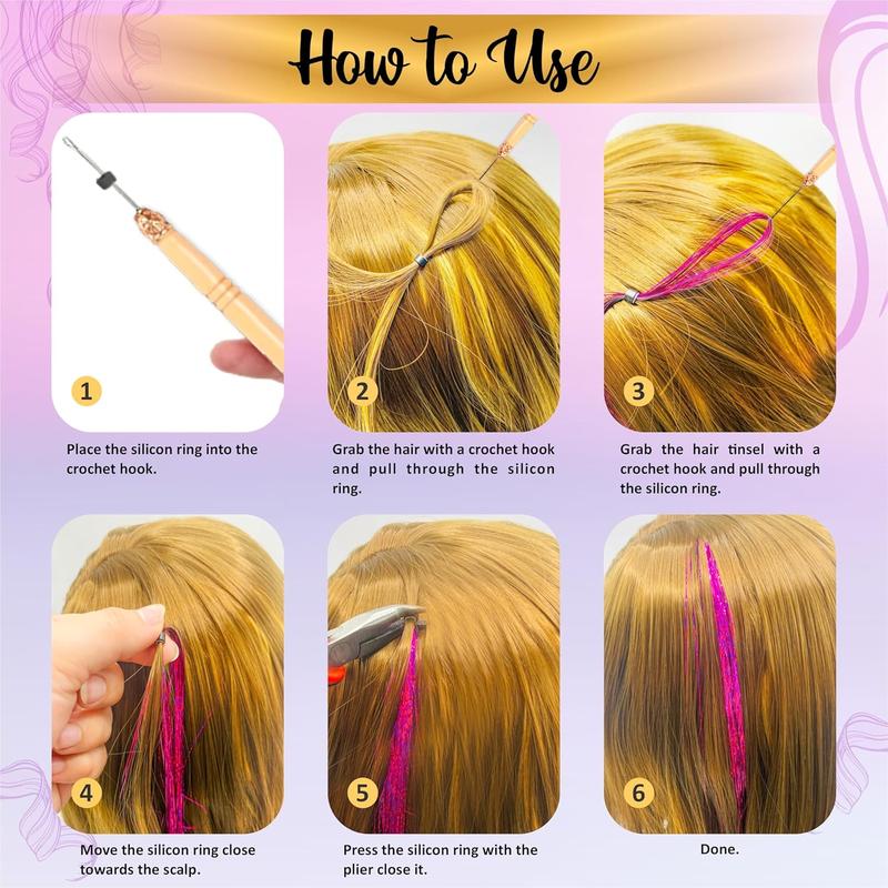 Heat Resistant Hair Tinsel Kit For Girls, Women & Kids, 48 Inch, 12 Dazzling Colors, 2880 Strands, One Wooden Threader & Crochet, One Plier, Two Hair Clips, Two Hundred Beads