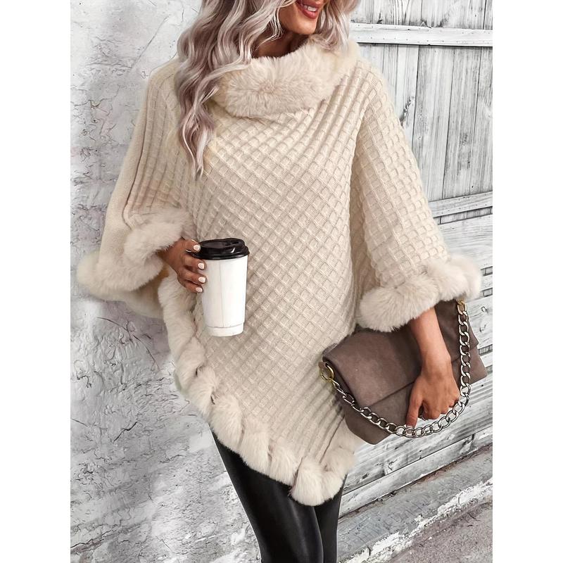 Solid Waffle Grid Fuzzy Trim Poncho, Elegant Thermal Hanky Hem Crew Neck Cape For Fall & Winter, Women's Clothing