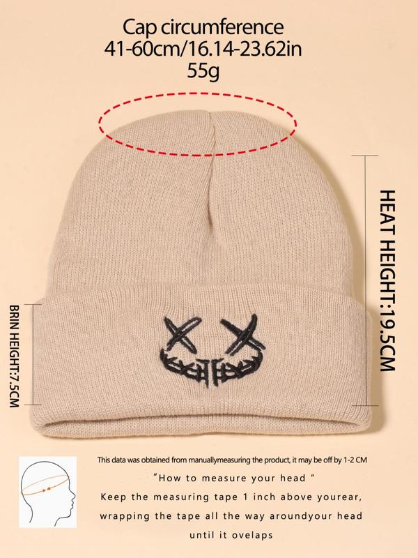 Smile Face Embroidery Knitting Beanie Hat For Men & Women, Trendy Casual Top Tier Beanie Hat, Warm Hat for Fall & Winter, Pull On Closure Cap For Outdoor Sports