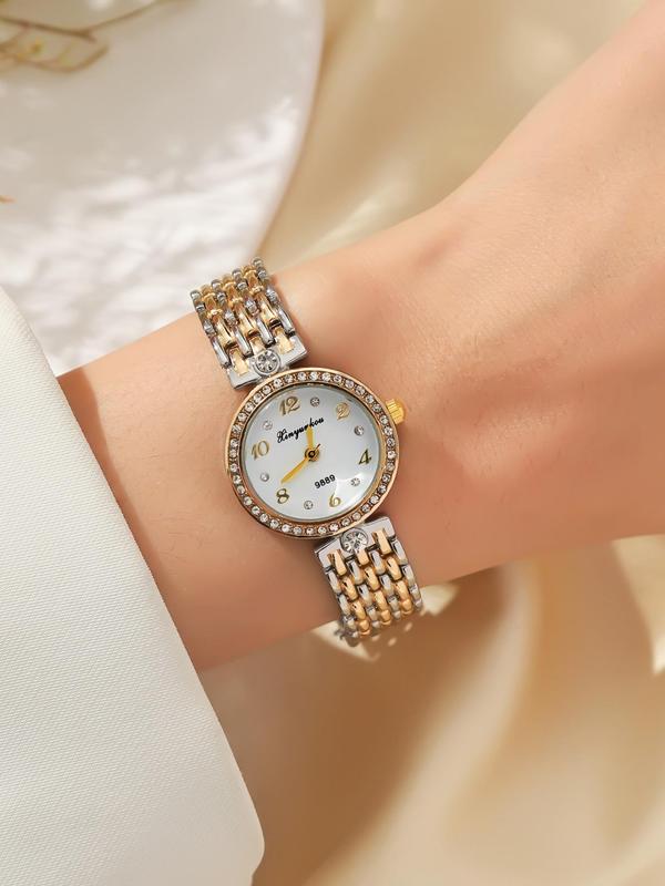 Women's Elegant Rhinestone Decorated Quartz Watch, Fashionable Round Dial Watch for Women & Girls, Trendy All-match & Exquisite Watch for Birthday Gift