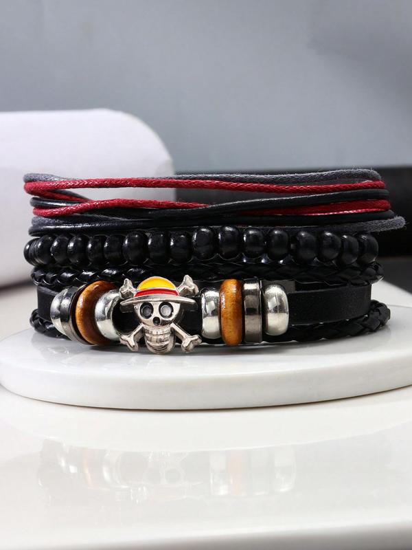 Men's Fashion Skull Charm Bracelet Set, 3pcs Handmade Beaded Adjustable Bracelet, Casual Holiday Party Jewelry Accessories, Daily Clothing Decoration