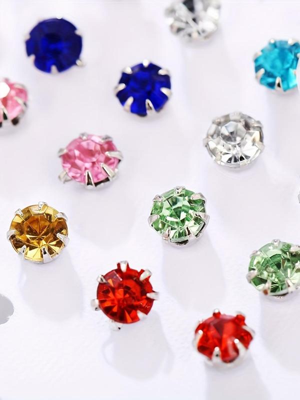 12 Pairs Women's Elegant Trendy Mixed Color Rhinestones Decorated Earrings, Simple Style Glittering Exquisite Ear Studs, Casual Earrings For Party & Daily