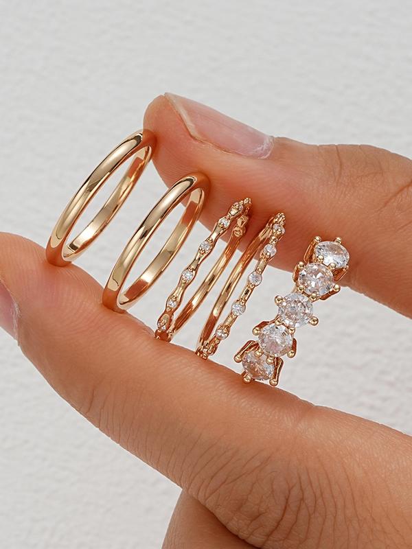 Women's Elegant Rhinestone Decorated Ring (5counts set), Exquisite Trendy Copper Ring, Fashionable Jewelry for Women for Daily & Party Decoration