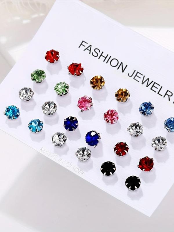 12 Pairs Women's Elegant Trendy Mixed Color Rhinestones Decorated Earrings, Simple Style Glittering Exquisite Ear Studs, Casual Earrings For Party & Daily