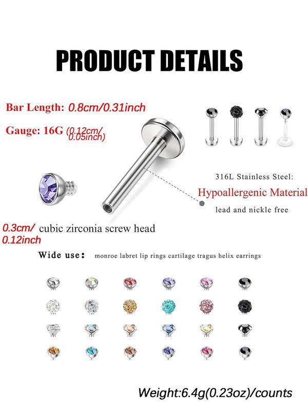 16g Stainless Steel Labret Lip Stud Piercing, with Rhinestone Decor, Cartilage Tragus Piercing Jewelry for Women & Men