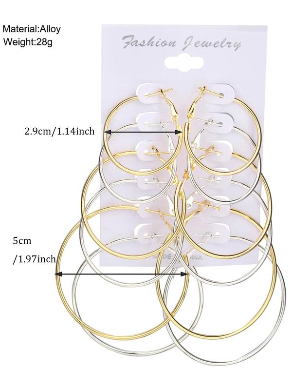 6 Pairs Mixed Size Simple Plain Round Design Hoop Earrings, Elegant All-match Jewelry for Girls Gift, Casual Versatile Party Accessories for Women