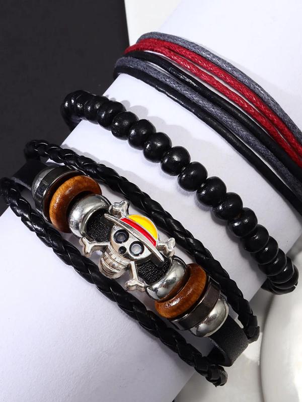 Men's Fashion Skull Charm Bracelet Set, 3pcs Handmade Beaded Adjustable Bracelet, Casual Holiday Party Jewelry Accessories, Daily Clothing Decoration