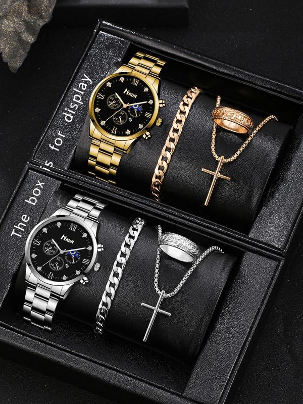 2024 New Style Men's Watch Set, Fashion Watch & Bracelet & Necklace & Ring Set for Party, Daily Clothing Decor, Trendy All-match & Exquisite Watch Set for Birthday Gift