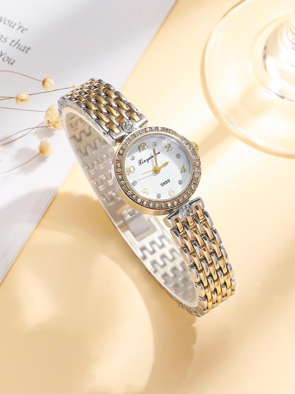 Women's Elegant Rhinestone Decorated Quartz Watch, Fashionable Round Dial Watch for Women & Girls, Trendy All-match & Exquisite Watch for Birthday Gift