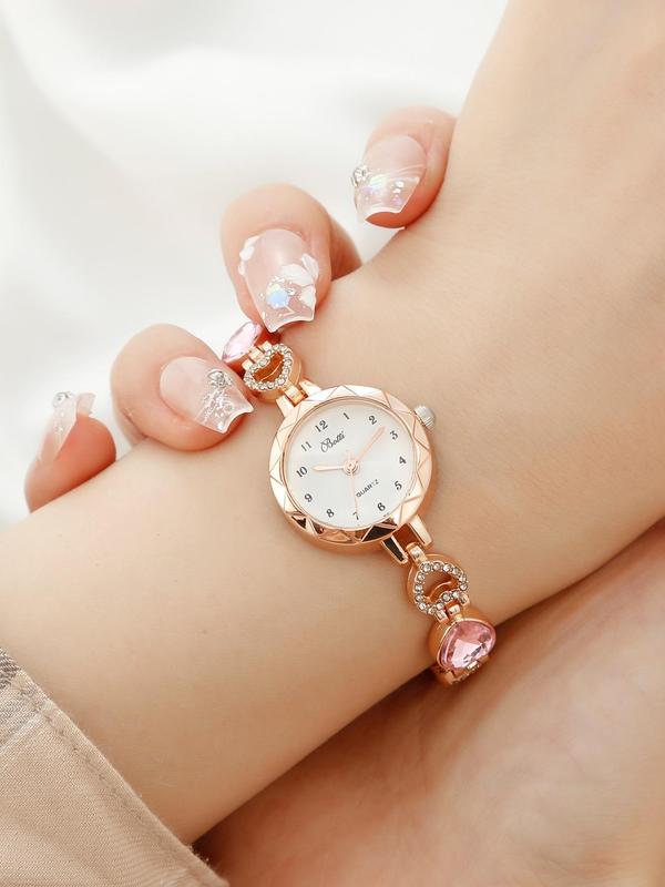 Elegant Rhinestone Decor Round Dial Watch & Heart Themed Dangle Earrings & Adjustable Pendant Necklace & Ring & Bracelet, Exquisite Watch Set without Box