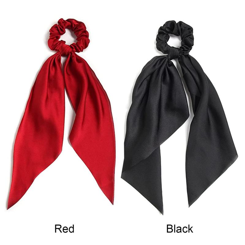 2 Pk Scrunchie Scarf Red Black Hairband Satin Ribbon Silk Elastic Hairband Bowknot Hairband Ponytail Holder Accessories for Women