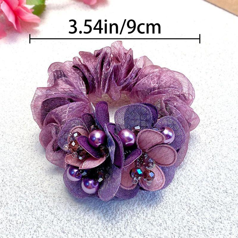 4 PCS Flower Hair Scrunchies for Women Rhinestone Elastic Hair Bands, Ponytail Holders Lace Hair Scrunchies Ties Elastics Bands Rubber Hairbands Hair Accessories for Parties Daily Use