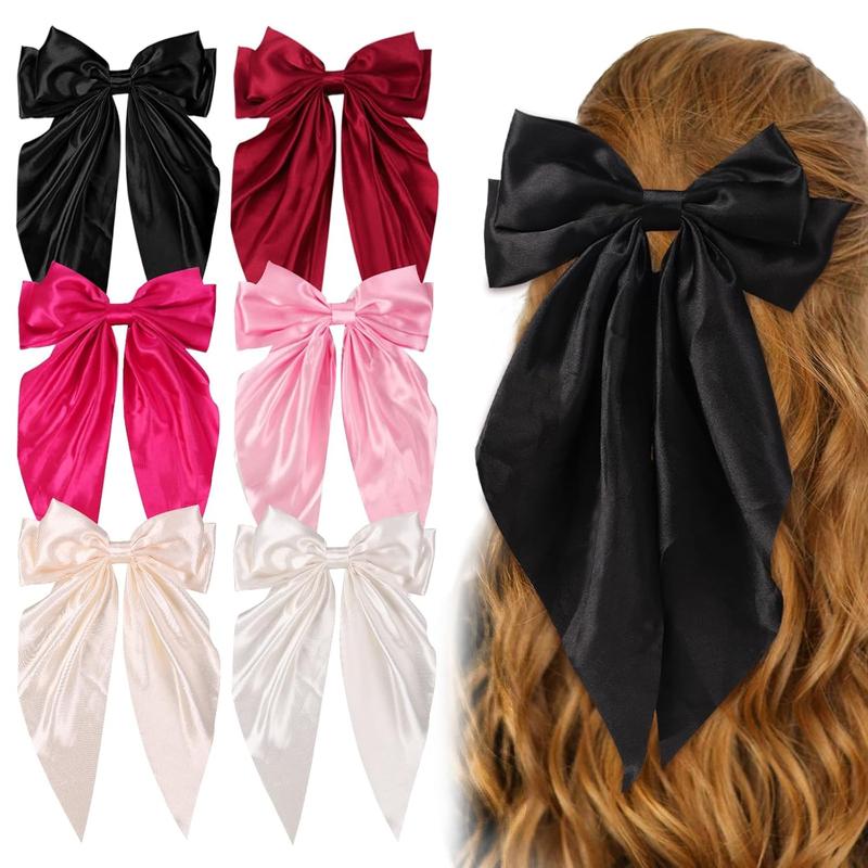 6PCS Big Hair Bows Clips for Woman Long Tail Soft Ribbon Silky Satin Bows Barrettes Hair Clips for Woman Hair Accessories (6 Color)