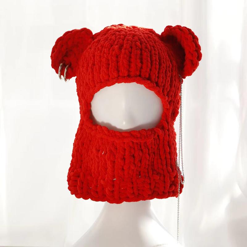 2024 Novelty Bear Ear Balaclava Beanies Chain Outdoor Ski  Winter Hat for Women Ear Protection Knitted Hat