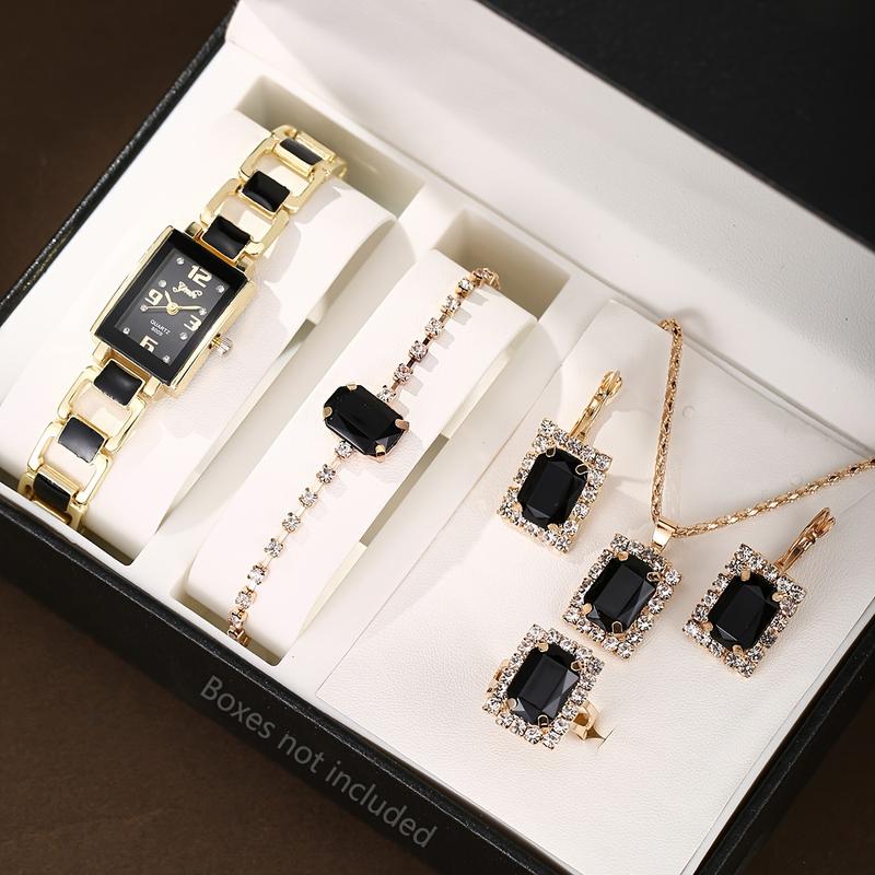 6 Pieces Black Square Rhinestone Quartz Watch Zinc Alloy Strap Zinc Alloy Pointer Zinc Alloy Case and Rhinestone Bracelet Earrings Ring Jewelry Ladies