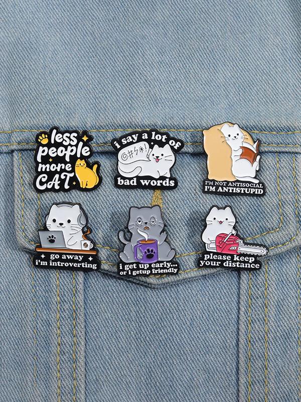 Cute Cartoon Cat Brooch (6counts set), Creative Animal Social Anxiety Badge, Enamel Pin Suitable for Backpacks, Jeans, Scarves, Hats Decoration Fixed Buckle, Casual Alloy Jewelry for Men & Women