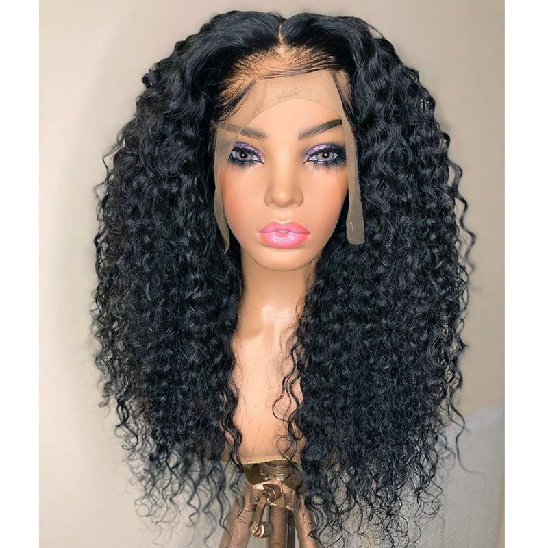 Soft Black Color 180%Density 26inches Long Kinky Curly 13*4*1 Deep Lace Front wig For Women With Baby Hair Heat Resistant Synthetic Fiber Hair Preplucked Glueless Daily Wear wigs