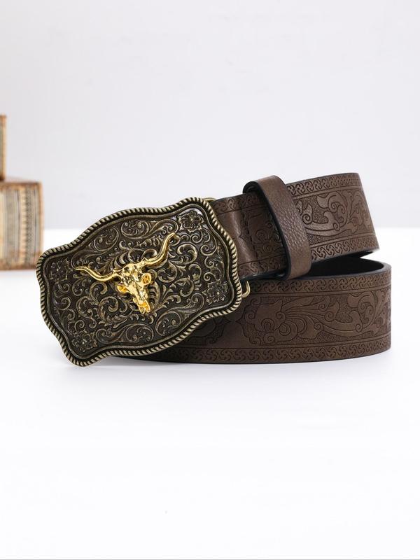 Western Cowboy Style Pu Buckle Belt, Vintage Floral Embossing Belt for Men & Women, Fashion Belt for Party, Trendy All-match & Exquisite Belt for Gift