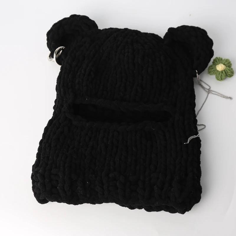 2024 Novelty Bear Ear Balaclava Beanies Chain Outdoor Ski  Winter Hat for Women Ear Protection Knitted Hat