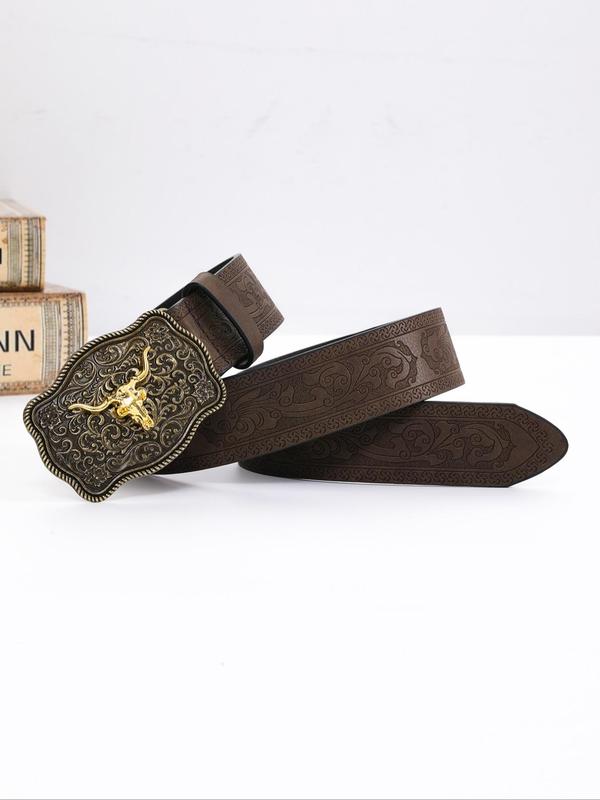 Western Cowboy Style Pu Buckle Belt, Vintage Floral Embossing Belt for Men & Women, Fashion Belt for Party, Trendy All-match & Exquisite Belt for Gift