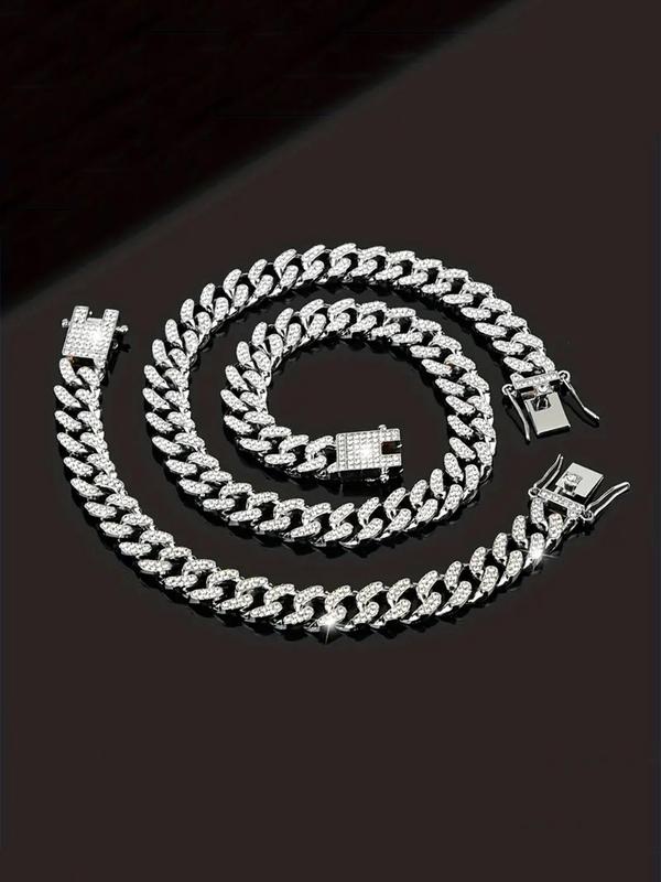 Rhinestone Decorated Chain Necklace Bracelet, 1 Count Street Trendy Cuban Link Chain Necklace, Fashion Jewelry Accessories for Men & Women As Gift