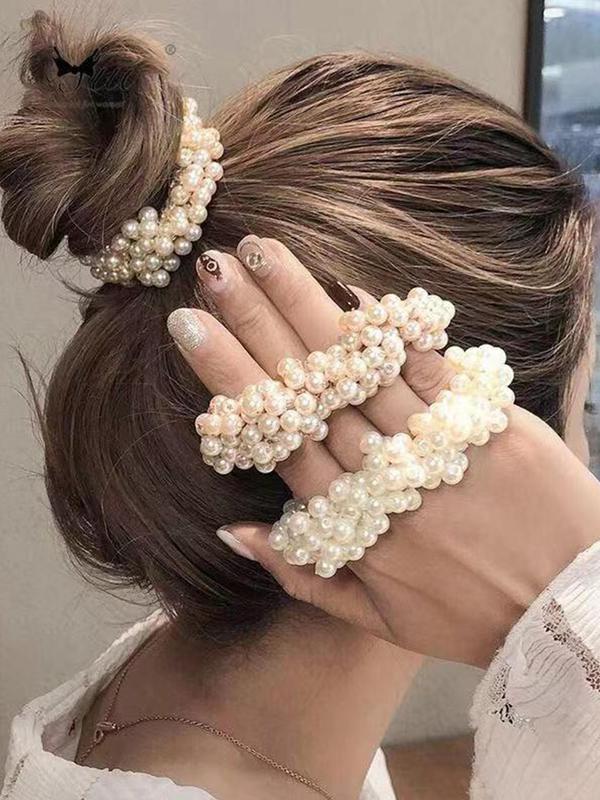 2pcs set Elegant Faux Pearl Decoration Hair Ties for Women, Simple Fashion Beaded Elastic Hair Ties Casual Hair Accessories