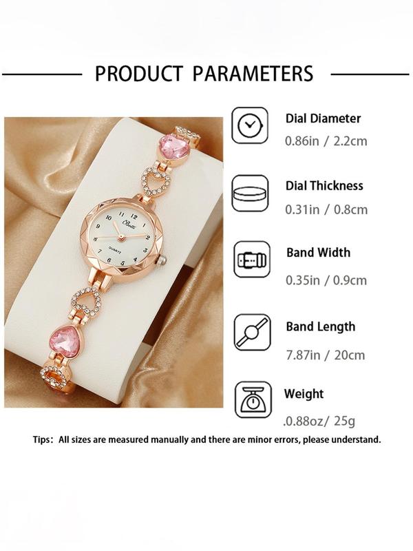 Elegant Rhinestone Decor Round Dial Watch & Heart Themed Dangle Earrings & Adjustable Pendant Necklace & Ring & Bracelet, Exquisite Watch Set without Box