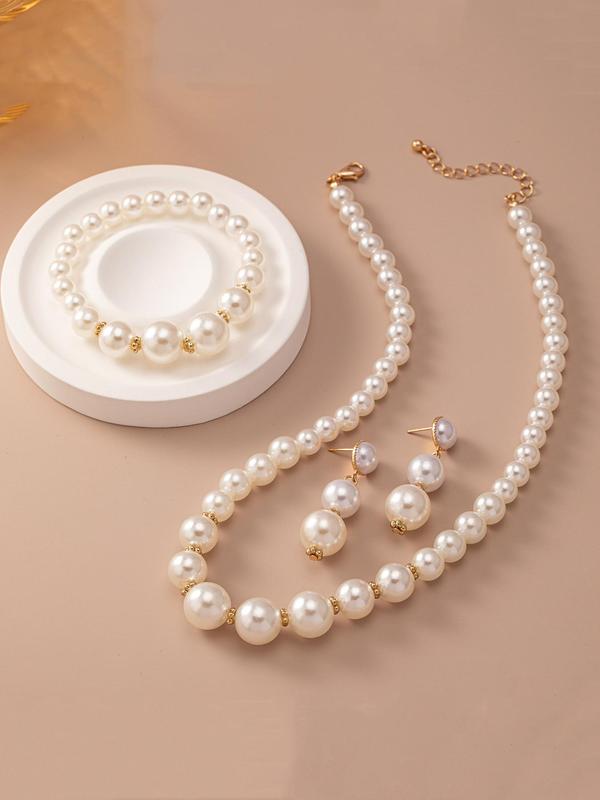 Faux Pearl Decorated Jewelry Set, Elegant Necklace & Bracelet & Dangle Earrings, Fashion Jewelry for Party, Trendy All-match & Exquisite Jewelry for Birthday Gift