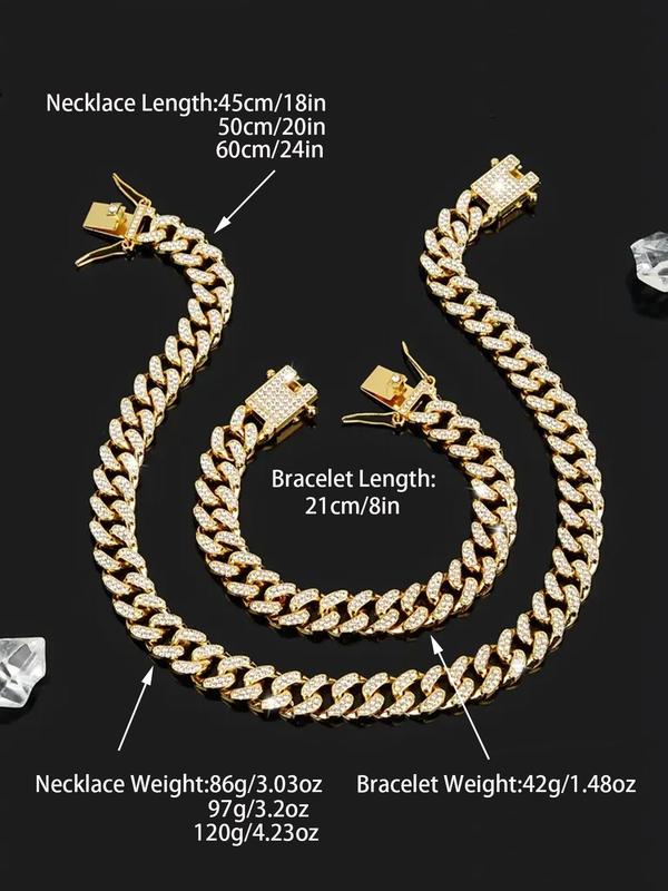 Rhinestone Decorated Chain Necklace Bracelet, 1 Count Street Trendy Cuban Link Chain Necklace, Fashion Jewelry Accessories for Men & Women As Gift