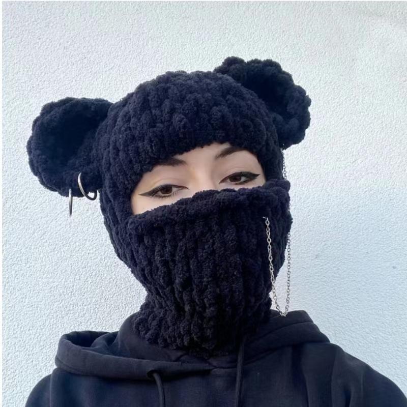 2024 Novelty Bear Ear Balaclava Beanies Chain Outdoor Ski  Winter Hat for Women Ear Protection Knitted Hat