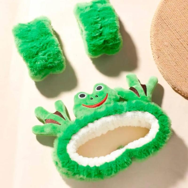 3pcs Cute Frog Design Hair Band & Wristband Set, Waterproof Face Washing Hair Accessories Set, Cute Frog Design Bath Headband