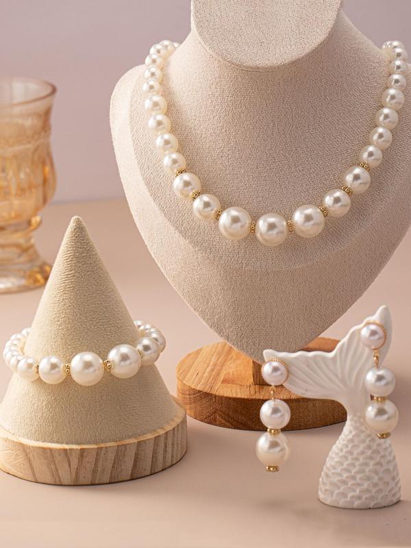 Faux Pearl Decorated Jewelry Set, Elegant Necklace & Bracelet & Dangle Earrings, Fashion Jewelry for Party, Trendy All-match & Exquisite Jewelry for Birthday Gift