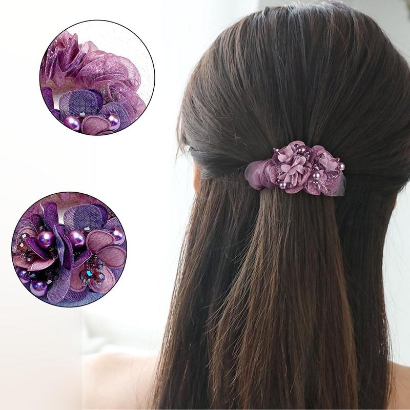 4 PCS Flower Hair Scrunchies for Women Rhinestone Elastic Hair Bands, Ponytail Holders Lace Hair Scrunchies Ties Elastics Bands Rubber Hairbands Hair Accessories for Parties Daily Use