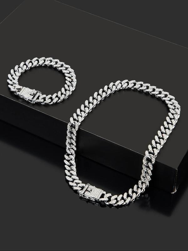 Rhinestone Decorated Chain Necklace Bracelet, 1 Count Street Trendy Cuban Link Chain Necklace, Fashion Jewelry Accessories for Men & Women As Gift