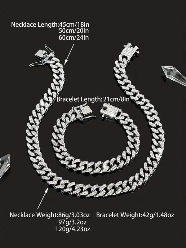 Rhinestone Decorated Chain Necklace Bracelet, 1 Count Street Trendy Cuban Link Chain Necklace, Fashion Jewelry Accessories for Men & Women As Gift