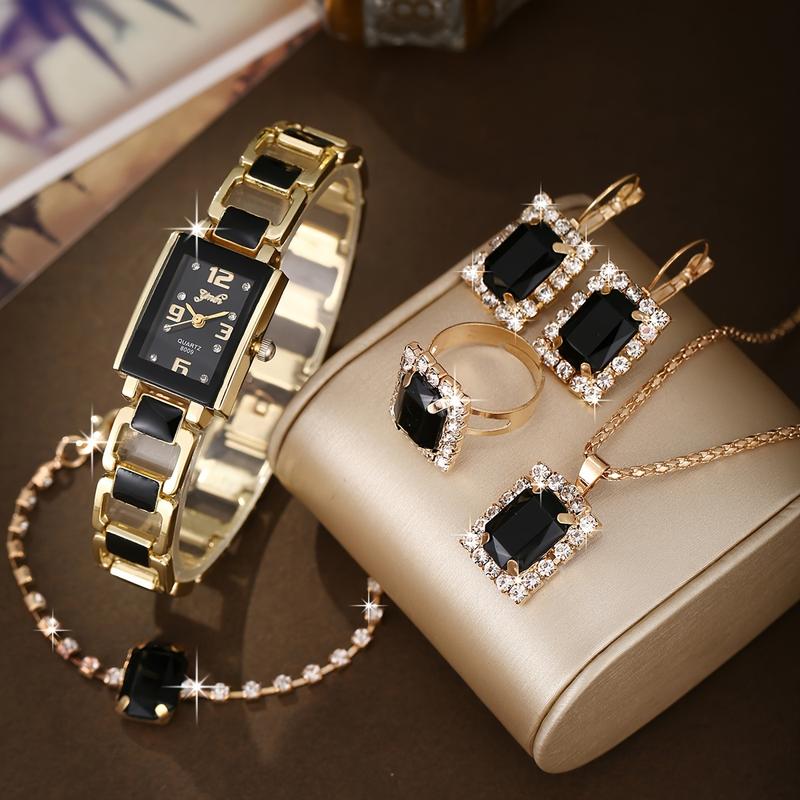 6 Pieces Black Square Rhinestone Quartz Watch Zinc Alloy Strap Zinc Alloy Pointer Zinc Alloy Case and Rhinestone Bracelet Earrings Ring Jewelry Ladies