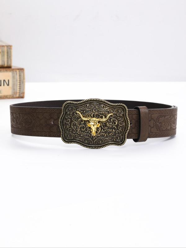 Western Cowboy Style Pu Buckle Belt, Vintage Floral Embossing Belt for Men & Women, Fashion Belt for Party, Trendy All-match & Exquisite Belt for Gift